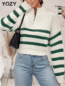 YOZY Women's Striped Print Half Zip Up Drop Shoulder Sweater, Casual Long Sleeve High Neck Jumper for Fall & Winter, Fashion Ladies' Knitwear for Daily Wear