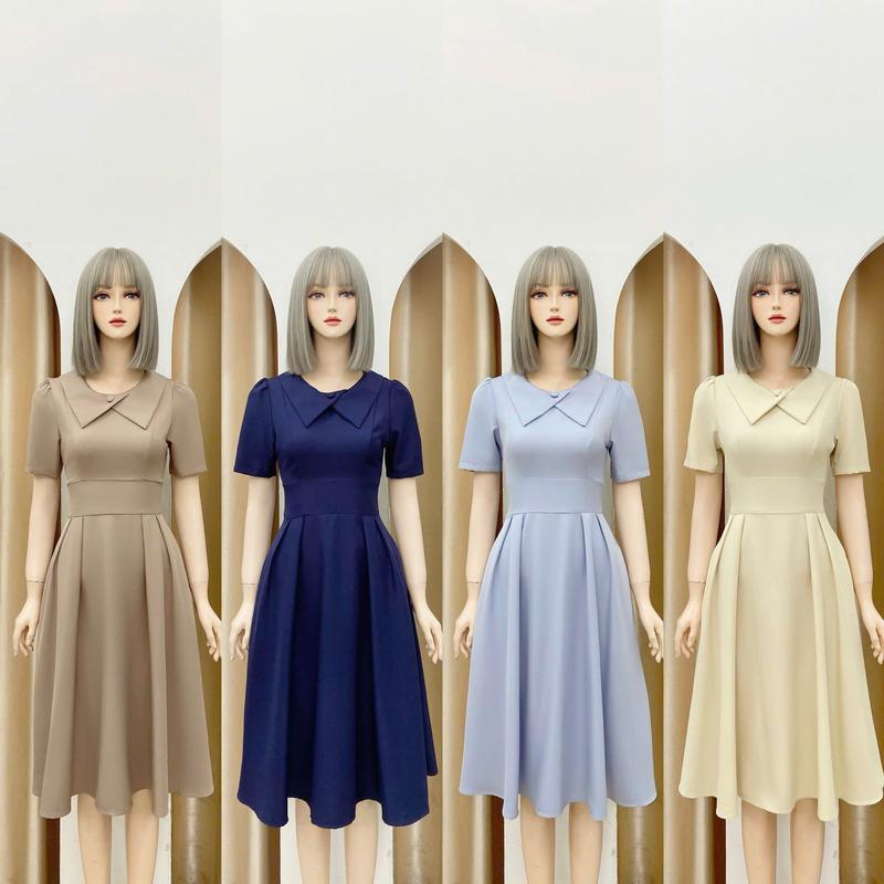  Đầm váy nữ thiết kế Nhật Vy cổ bẻ tay ngắn dáng xoè che bắp chân chất lụa màu kem nâu xám xanh đen dự tiệc đi chơi công sở văn phòng - D3269 dress 