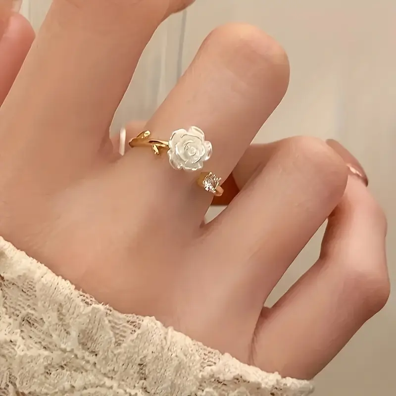 Elegant Adjustable Camellia Flower Ring with Sparkling Rhinestones - Perfect for Casual Attire & Gifting