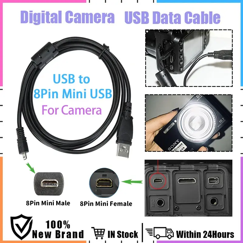 ที่ชาร์จข้อมูลกล้อง USB เป็น 8 พิน มินิ USB ตัวผู้ เข้ากันได้กับกล้อง Sony Cybershot DSC-W800/DSC-W810, Nikon, Olympus และ Pentax, ขับเคลื่อนโดย USB