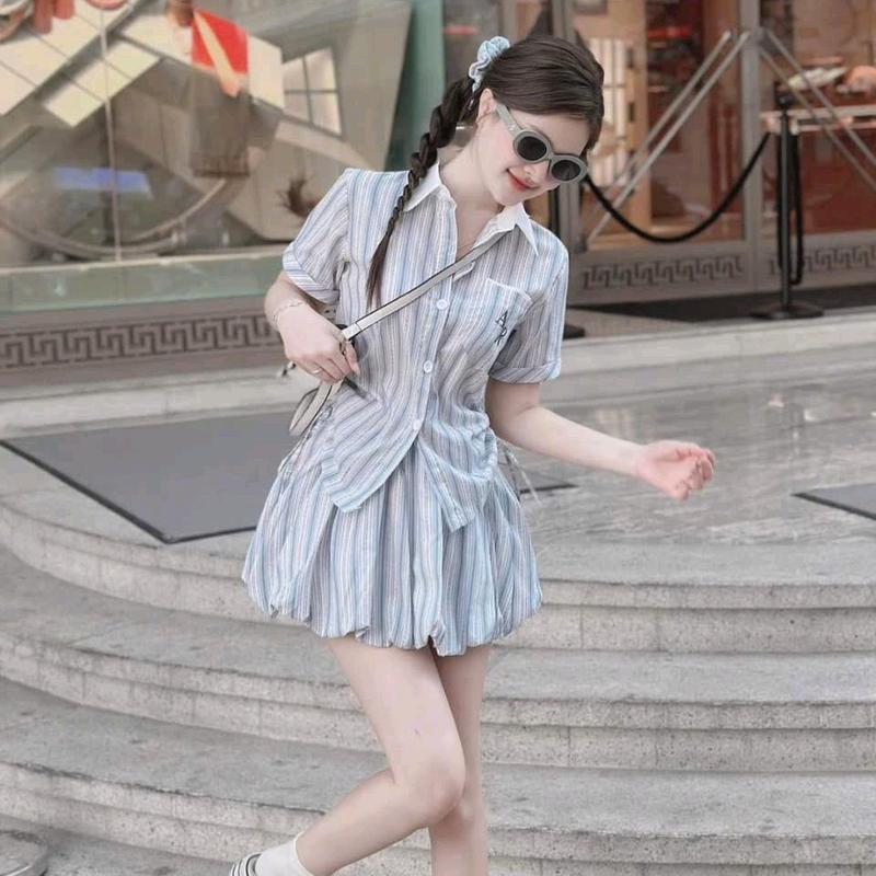 Set áo sơ mi lennin rút dây kèm chân váy bí có lót