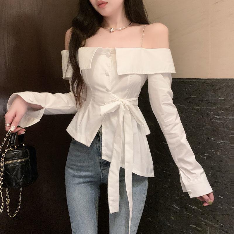 Product Introduction of Áo Sơ Mi Có Dây Đeo Xếp Nhún Phong Cách Pháp, Dành Cho Nữ, Mặc Mùa Xuân Và Mùa Thu, Dễ Thương Và Gợi Cảm, Trễ Vai, Độc Đáo Và Đẹp Mắt, Áo Sơ Mi Có Dây Đeo Trễ Vai Thời Trang 1