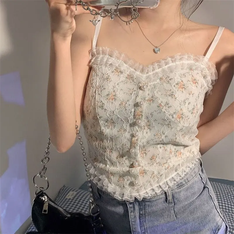 XT Korean Lace Pearl Floral Tank Top Atasan Wanita Korea Style import BRA43 5