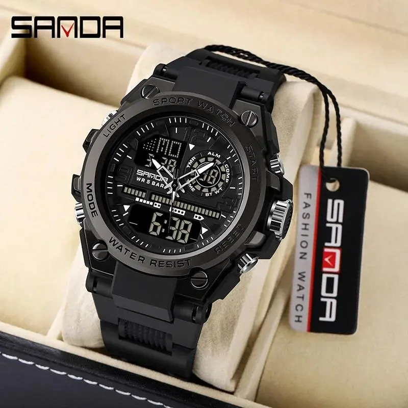 SANDA6024 Military Shockproof Clock Sport Quartz Watch for Men LED Dual ...