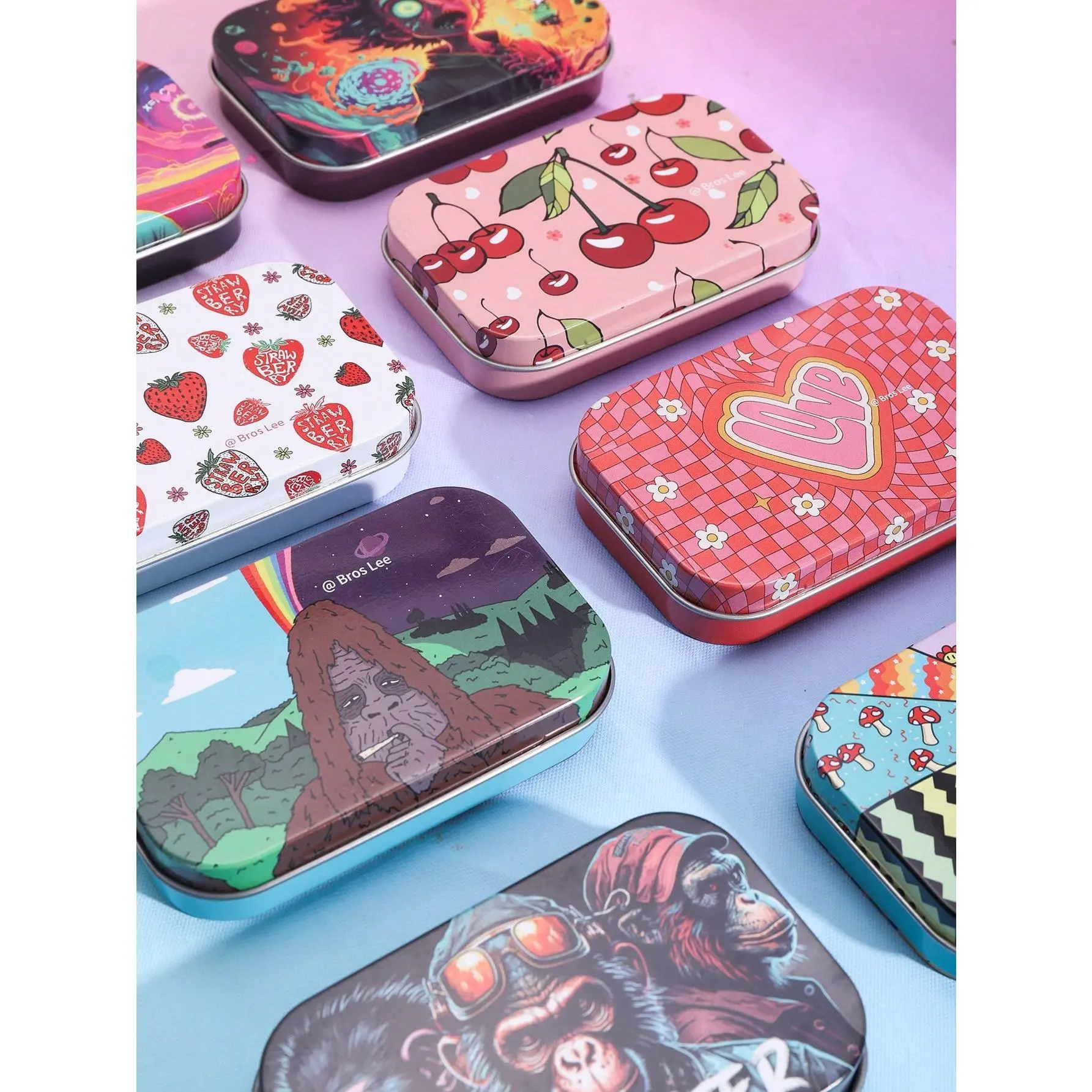 BROS 1pc Metal Tin Box With UV Printed Patterns, Tobacco/Cigarette Storage Case, Funny Shapes Of Strawberry, Cherry, Gorilla, Cloud Etc., Smoking Accessories Gift, Back To School Supplies