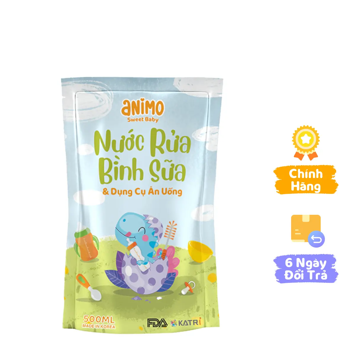 Nước rửa bình sữa kháng khuẩn Animo túi 500ml - Xanh da trời