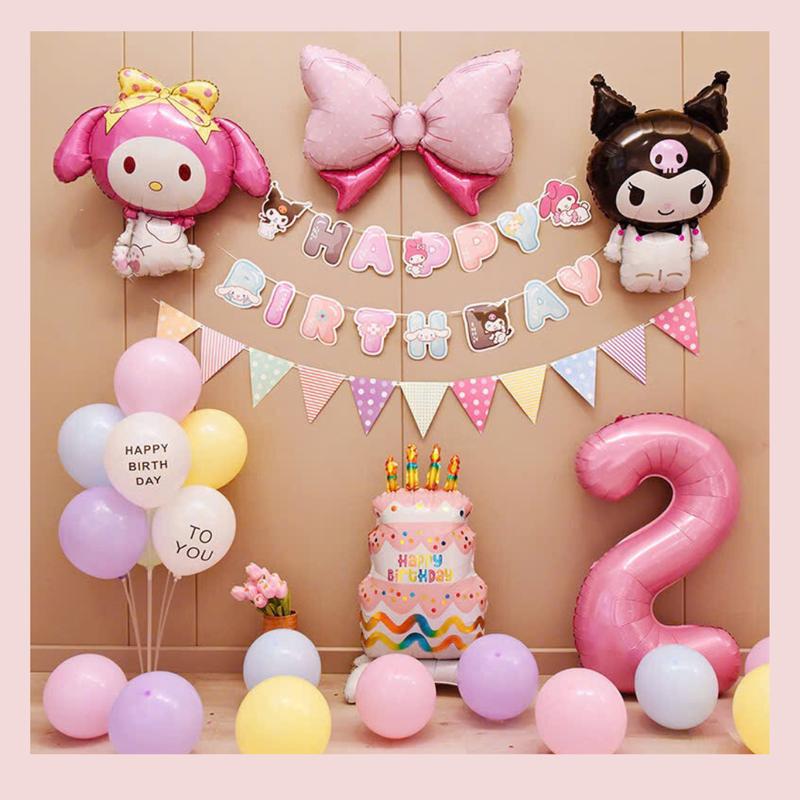 Combo set bóng bay trang trí sinh nhật, thôi nôi cho bé chủ đề kuromi SKR1 tone hồng dễ thương, tặng kèm bơm tay băng dính Cao Su