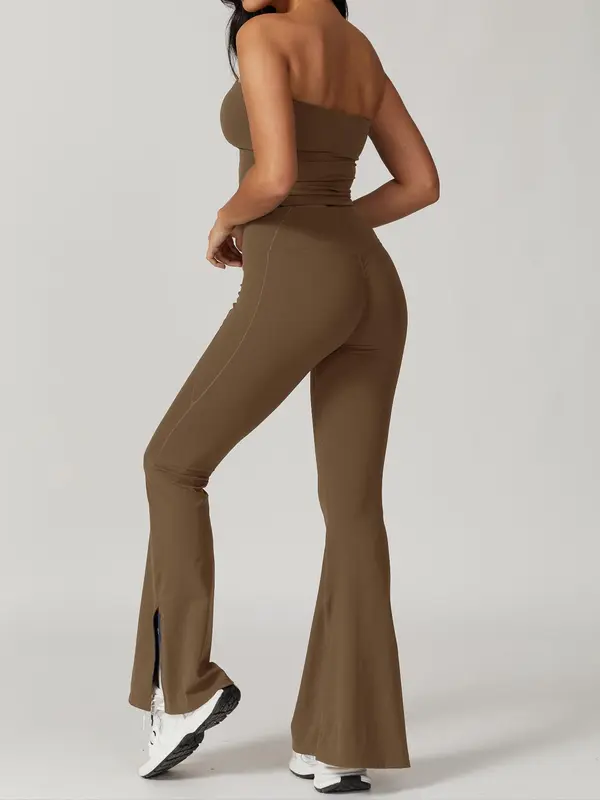 Two-Piece Set Women's Solid Crop Tube Top & High Waist Flare Leg Tracksuit Set, Sporty Breathable Comfortable Outfits for Yoga Gym Workout Running, Ladies Sportswear for Fall 8