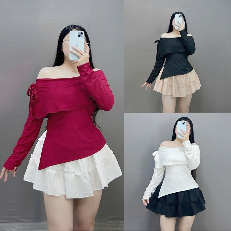 Set Thiết Kế Tiểu Thư Bigsize Nữ Áo Trễ Vai Tay Dài Tà Xẻ Nhọn Chất Vải Tăm Mềm Mịn Phối Chân Váy Xòe Vải Xốp Đũi SET942 set đồ đẹp Nhung Women