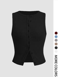 women's plain button front ribbed crop tank top, casual fit sleeveless round neck top for daily wear, ladies clothes for all seasons, women's tops, womenswear, slim clothing