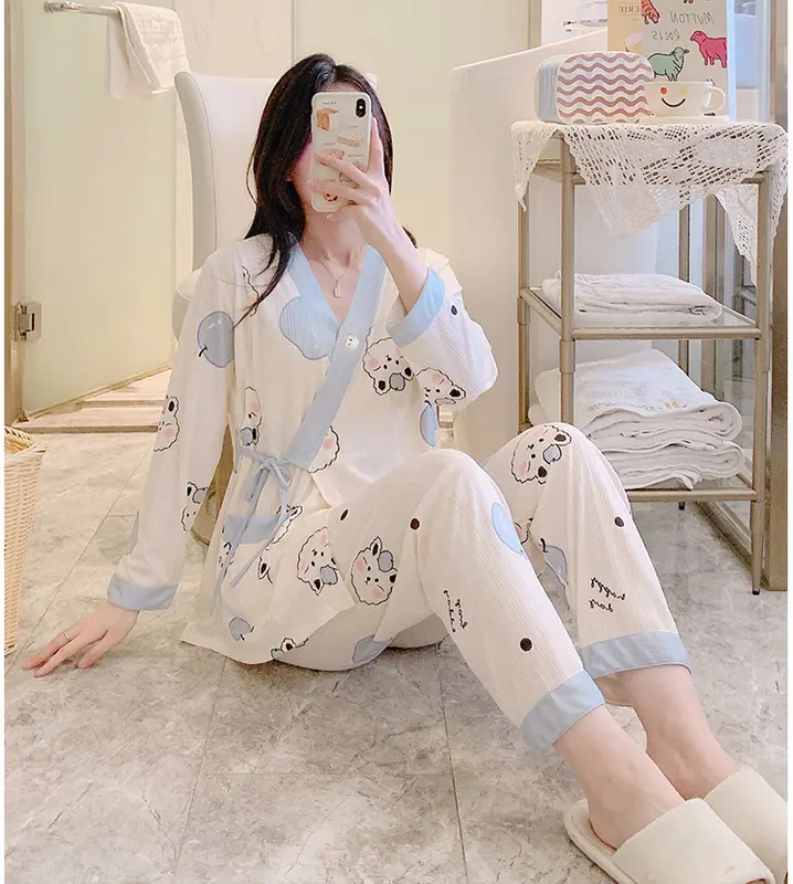 Bộ Đồ Bầu Sau Sinh Dài Tay Có Khe Mở Cho Con Bú Chất Liệu Cotton 1