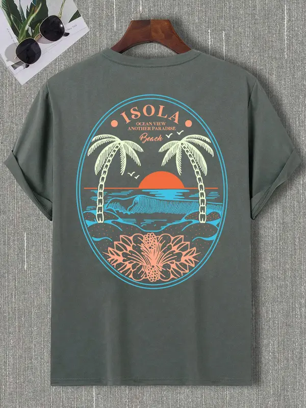 Unisex Regular Fit Landscape Print Round Neck Tee, Coconut Tree Print Crew Neck T-shirt for Unisex, Street Fashion Casual Comfy Knitting Top for Summer, Menswear 7