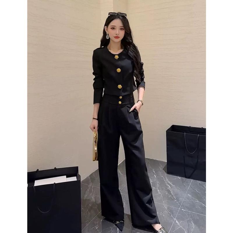 FADFAD  【ready stock】Setelan Fashion Wanita  Atasan Lengan Panjang dan Celana Berwarna Hitam Dengan Gaya Modis 1