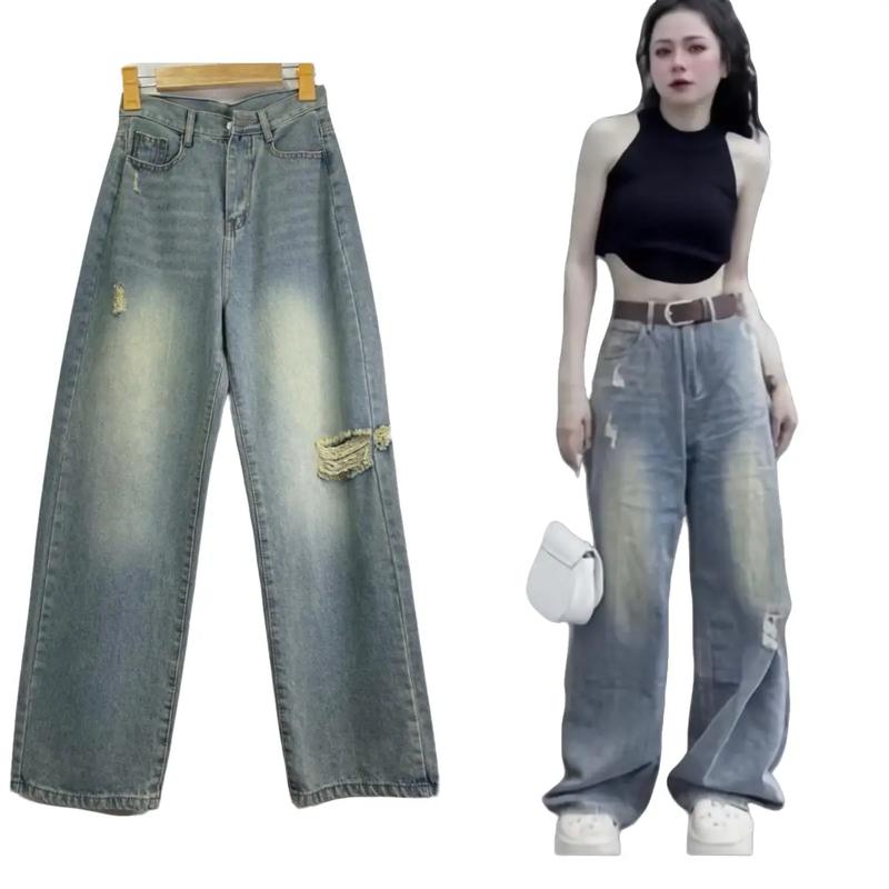 Quần jean suông lưng cao mã 5520 xước nhẹ một bên gối dài 105cm quần  jeans quan  jean quan  jeansuong