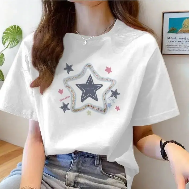[1600 + People in a Week] Women's Short-Sleeved T-shirt Summer New Korean Style Loose round Neck Fashion Top Printed 2024 Short-Sleeved Women T-shirt Fashion