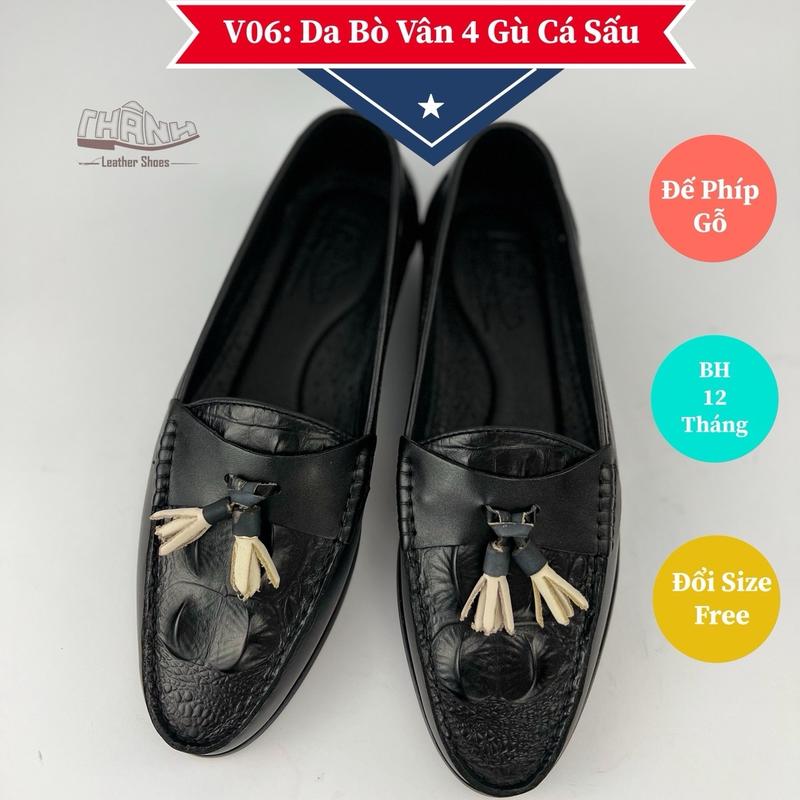 V06: giầy nam dự tiệc giầy cưới da bò in Vân 4 Gù Cá Sấu Nam Tính Kết Hợp Đế Phíp Gỗ chống trượt &giữ phom tốt chuông trắng nổi bật. hộp 1 đôi( 15cm x 25cm)giầy thủ công Mũi vuông Mũi tròn Loafer Jean Penny Loafer Len