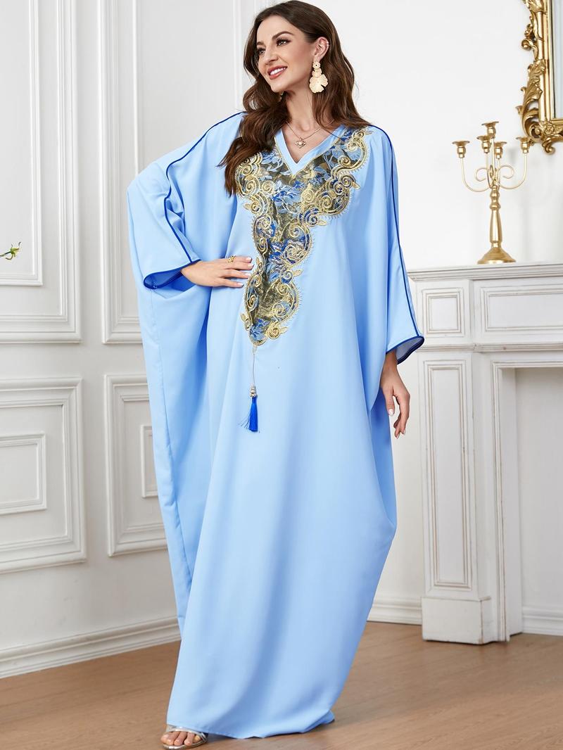 Product Introduction of Arabic Clothing- Women's Ethnic Pattern Embroidery Tassel Batwing Sleeve Kaftan, Elegant Long Sleeve V Neck Loose Dress for Spring & Fall, Ladies Islamic Clothing for Daily Wear 9