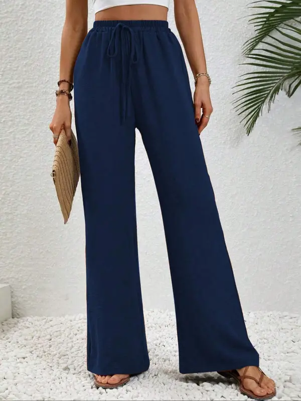 Women's Solid Color Pocket Wideleg Pants, Casual Loose Comfy Drawstring Waist Trousers for Summer, Women's Bottoms for Daily Wear, Womenswear, Wide Legged Pants, Casual Chic Bottoms, Casual Fashion Trousers 1