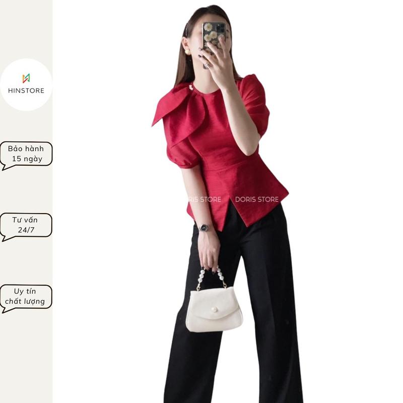 Áo sơ mi tơ xước dáng pelum cổ lá nhọn cộc tay - áo sơ mi công sở nữ 2 lớp 51 Women