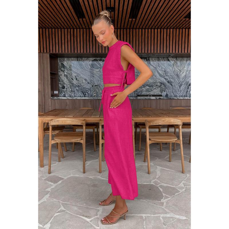 Fashion Cotton and Hemp Set Women's 2025 Summer New Style Shoulder Pads Sleeveless Top Pants Two Piece Set European and American Casual Womenswear Clothes 6