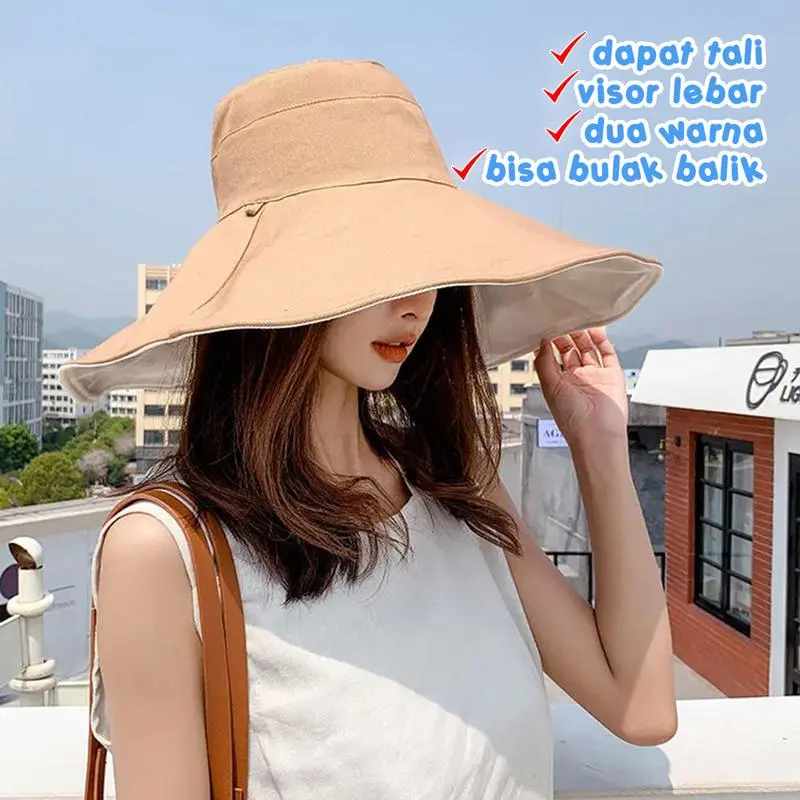 Topi Pantai Wanita Korea Lebar Warna Hitam Merah Lipat Outfit Pelindung Sinar UV Summer Bucket Hat Fashion BKAF