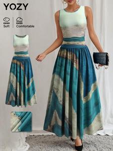 YOZY Women's All Over Print Round Neck A Line Tank Dress, Casual Sleeveless Long Dress for Daily Wear, Ladies Clothes for All Seasons, Summer Dresses