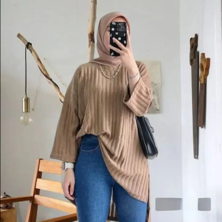 TUNIK OVERSIZE KENIT HORNET ATASAN TUNIK LENGAN 7/8 FASHION WANITA BISA COD 1