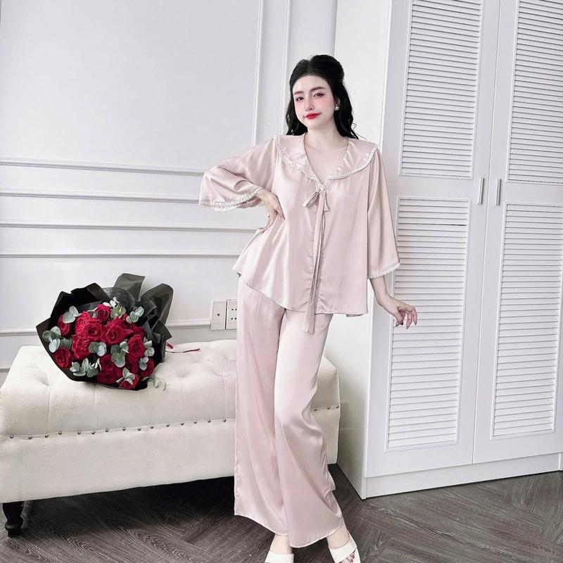 From RỘNG (45-70kg) Bộ Quần Áo Tiểu Thư Quần Dài, Áo Nơ Tay Lững Phối Ren Nữ Women 6