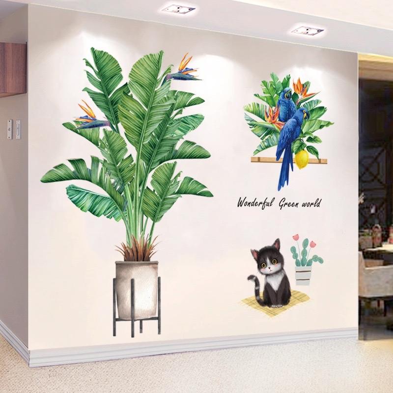 Decal dán tường chậu cây mèo sẵn keo , chi tiết rời, kt sau dán khoảng 1m1 cao 90cm decor phòng ngủ, phòng khách