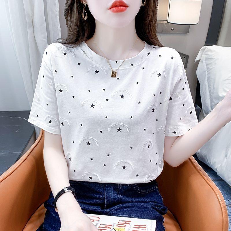 Áo Thun Trắng Cổ Điển Cho Nữ, Áo Ngắn Tay Cổ Tròn Mới, Thiết Kế Tối Giản In Họa Tiết, Quần Áo Mùa Hè Top Women 2