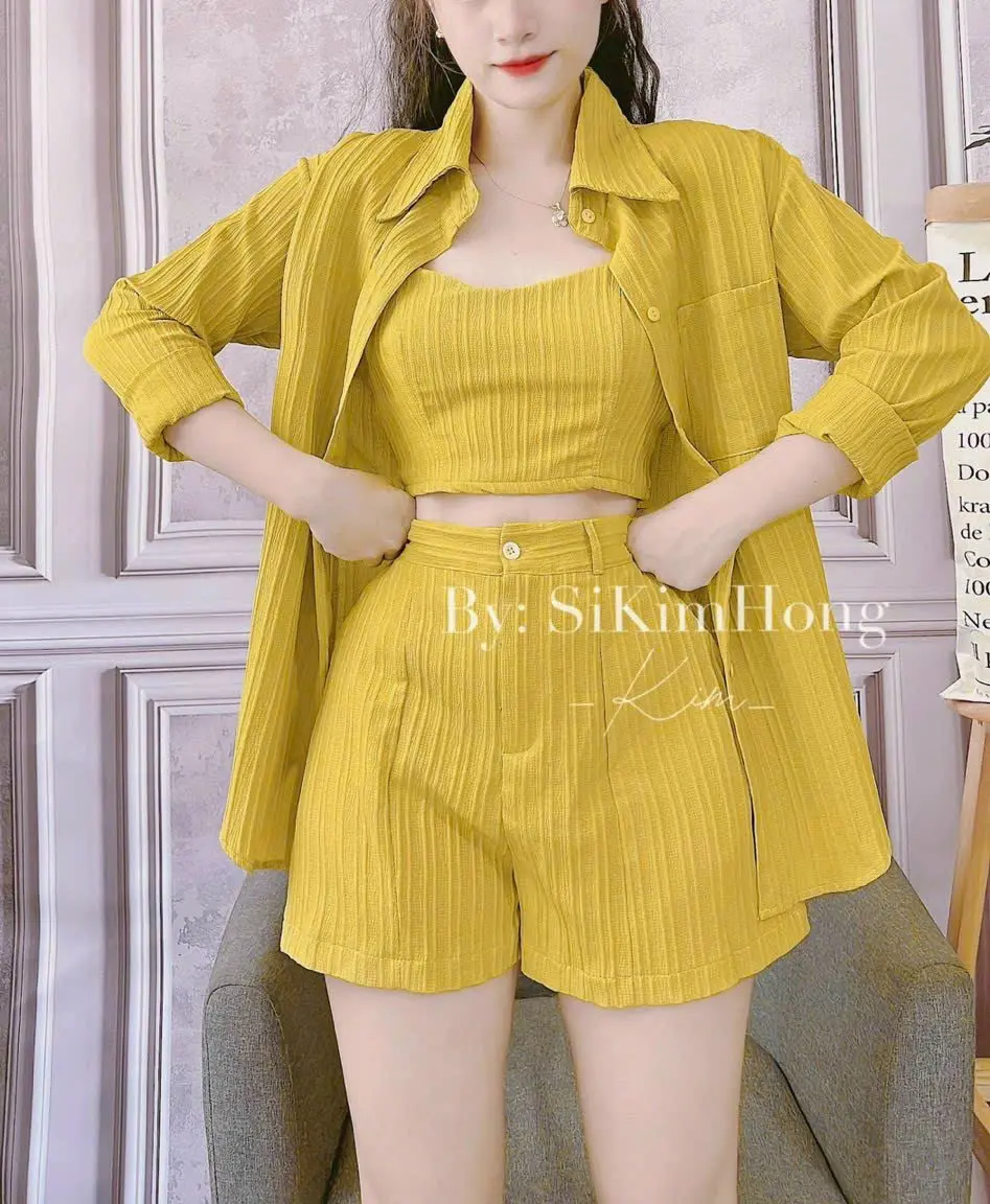 bộ ba món đi biển gồm áo khoác quần đùi kèm bra
