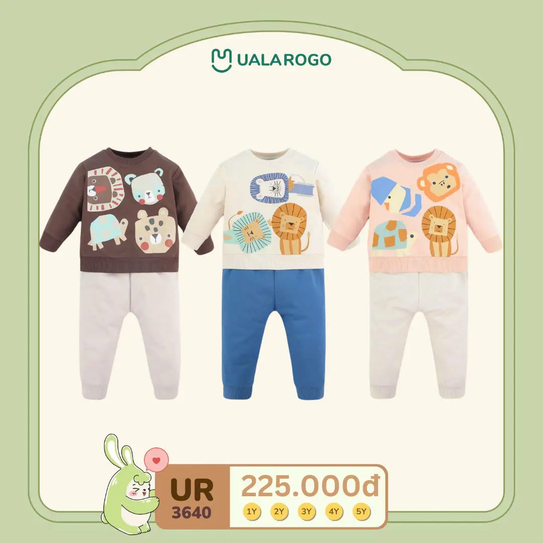 Bộ Nỉ Dài Tay Họa Tiết Động Vật Chất Liệu Cotton Cho Bé Từ 1-5Y UalaRogo UR 3640