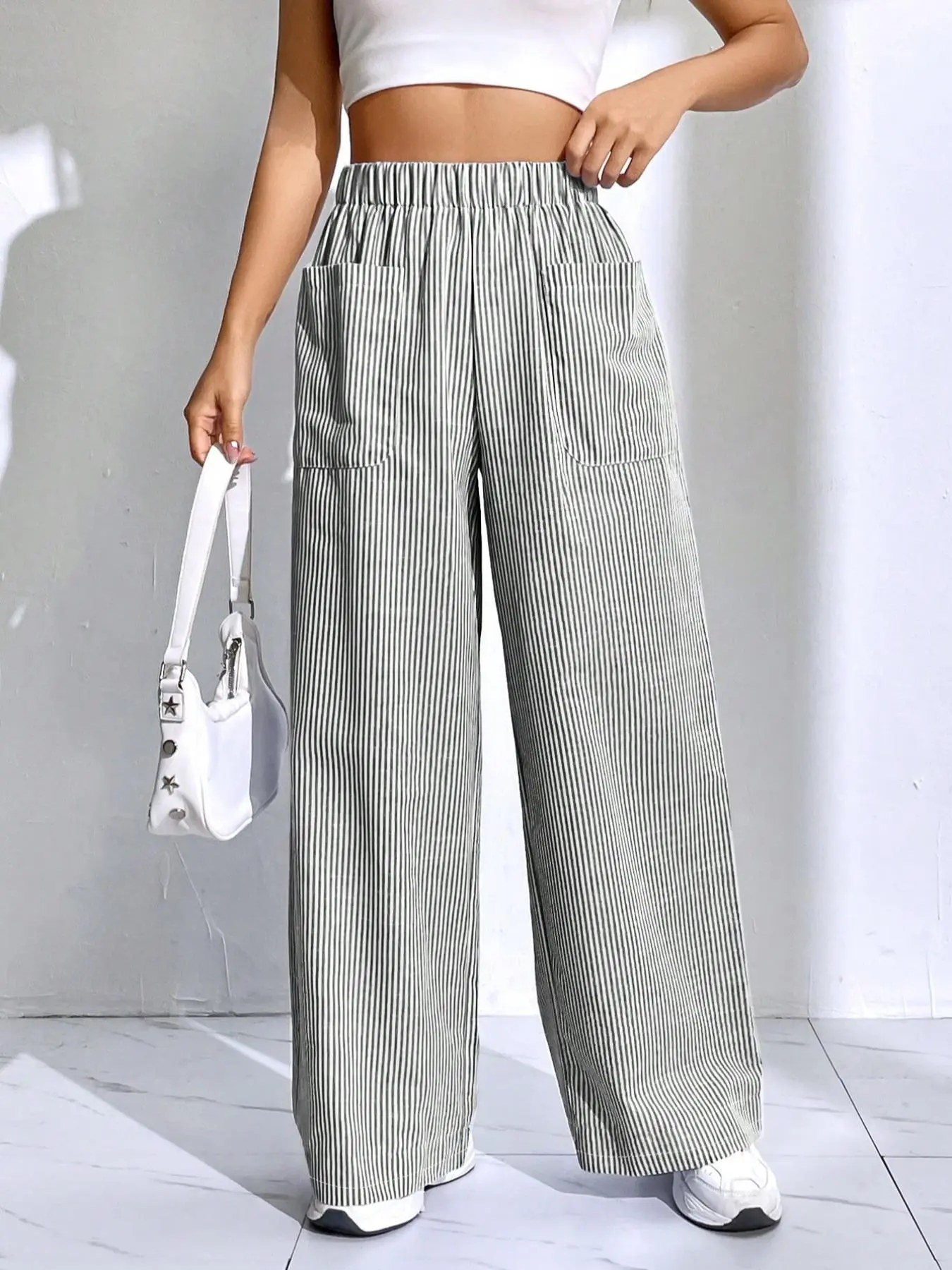 【Plus Size】 Striped Print Pocket Elastic Waist Pants, Casual Comfy Trousers for Women, Women's Bottoms for Fall & Winter