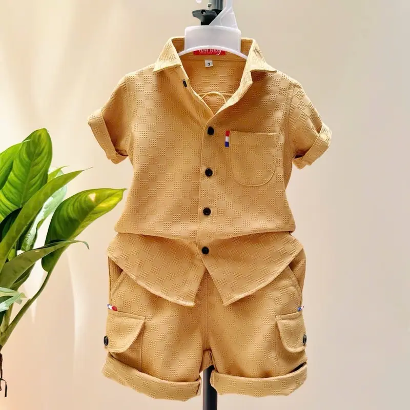 Bộ Quần Áo Sơ Mi Chất Liệu Kim Cương 4 Màu Cho Bé Trai 12-52kg có thể giặt máy Jean Có Cổ 2