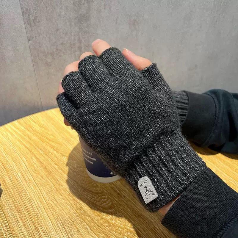 Product Introduction of 2024 Gloves Men's Open Finger Winter Half Finger Riding Student Writing Thick Wool Knitted Leaking Finger Cold-Proof Warm 1
