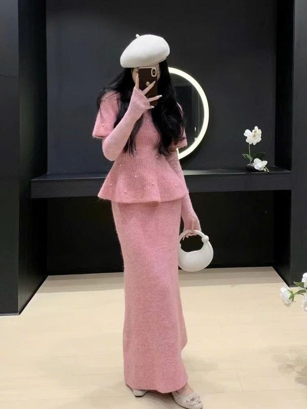 C6 Set len dáng bèo thân áo đính ngọc trai tinh xảo và chân váy dài cut out tay hàng quảng châu cao cấp C6