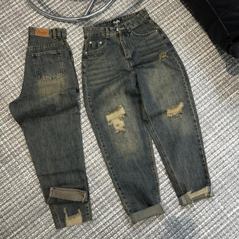 Product Introduction of YURI JEANS - (Vải QCCao Cấp) Quần Jeans Baggy Màu Dơ Bụi Rách Gối Chất Mền Mịn Dài94cm Nữ Pants 6