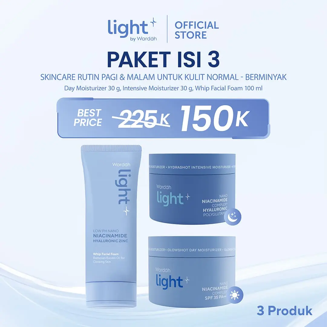 light+ by Wardah Paket 3 pcs Low pH Nano Niacinamide Whip Face Wash, Hydrashot Intensive, Glowshot Day Moisturizer | Cream Bright Pelembab Pemutih Wajah Facial BPOM Sabun Cuci Muka Lightening Light Plus Light+ Lite Liteplus Lite+ Skincare