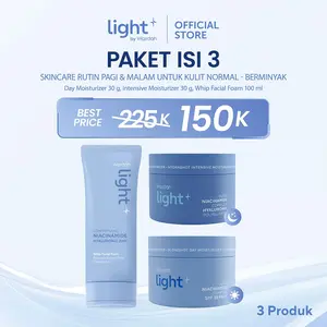 Light+ Paket 3 pcs Low pH Nano Niacinamide Whip Face Wash, Hydrashot Intensive, Glowshot Day Moisturizer | Cream Bright Pelembab Pemutih Wajah Facial BPOM Sabun Cuci Muka Lightening Light Plus Light+ Lite Liteplus Lite+ Skincare