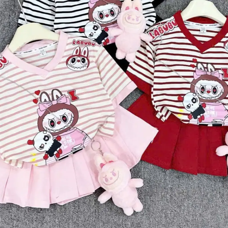 (KHÔNG GẤU) Set váy cổ tim xếp li LABUBU cho bé gái hè 2025 chất cotton mềm (8-40kg) Bikini