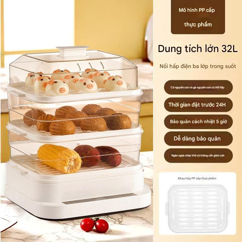 Nồi hấp điện 3 tầng Đa Năng Dung Tích 24L Công Suất 800W, Tiện Lợi Hấp Được Nhiều Món Ăn, Giữ Nguyên Hương Vị Thơm Ngon, Hâm Nóng Đồ Ăn - Bảo Hành 6 Tháng