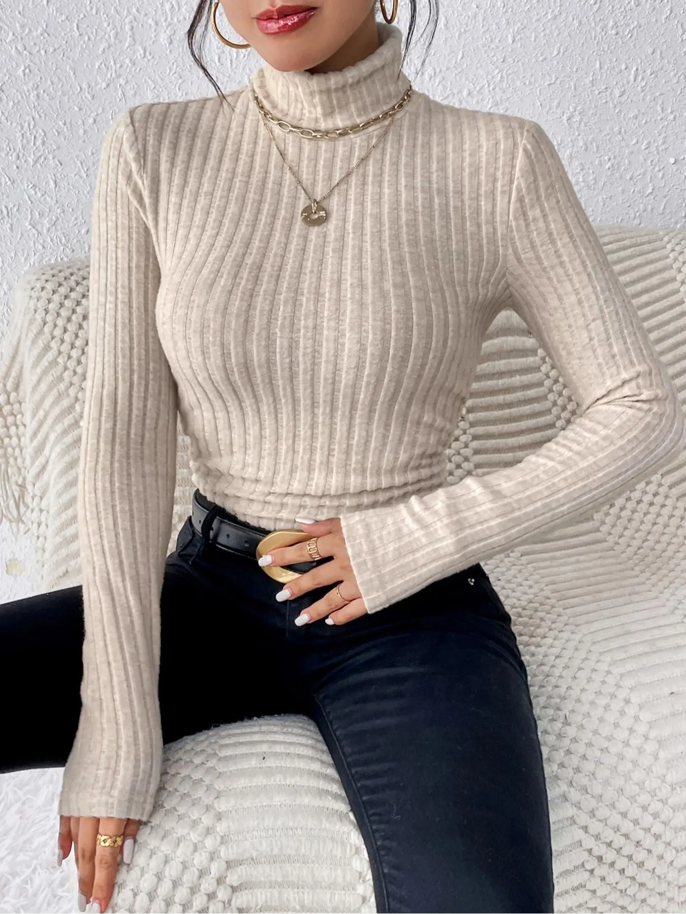 Women's Solid High Neck Ribbed Sweater, Elegant Fashion Casual Long Sleeve T-shirt for Daily Outdoor Wear, Women Knitwear for Spring Fall