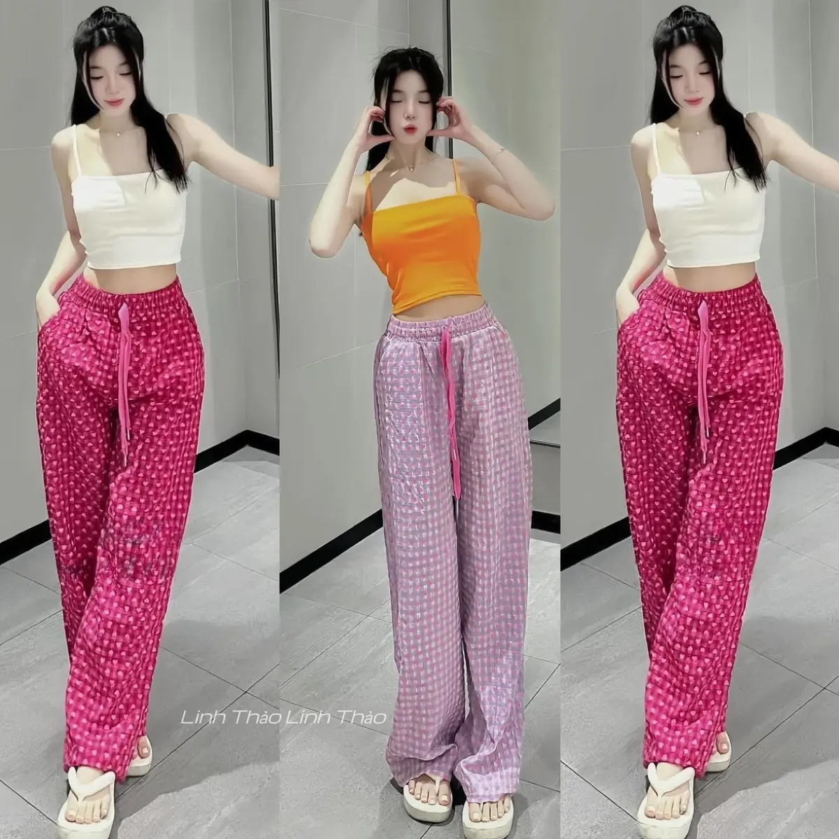 Quần Ống Rộng Nữ Họa Tiết Trái Tim Vải Đũi Xốp Siêu Xinh Mặc Mùa Hè Thoáng Mát Women Ong Tr
