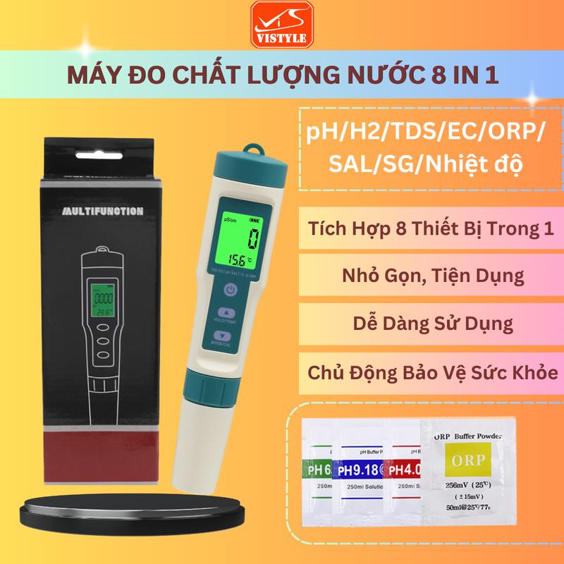 Máy đo chất lượng nước 8 trong 1, Bút đo TDS, EC, pH, Độ mặn, SG, ORP, Hydro, Nhiệt độ Độ chính xác cao, Nhỏ gọn, dễ sử dụng - Vistyle