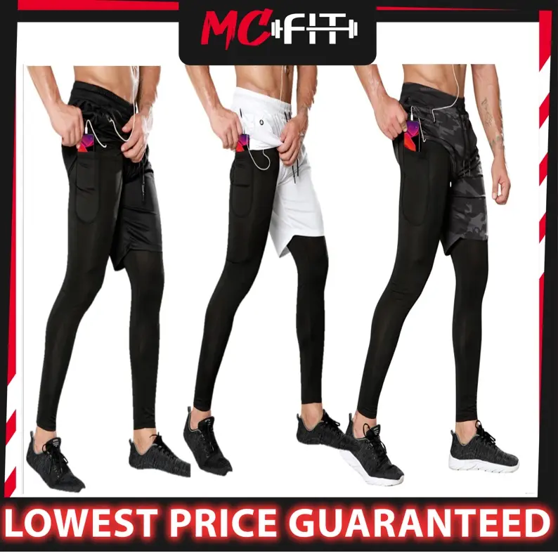 MCFIT Sports Men Running Shorts Leggings 2 IN 1 Fitness Jogging Short Pants Training Gym Tight Seluar Sukan Lelaki Black Clothing Elastic Outdoor seluartight takraw