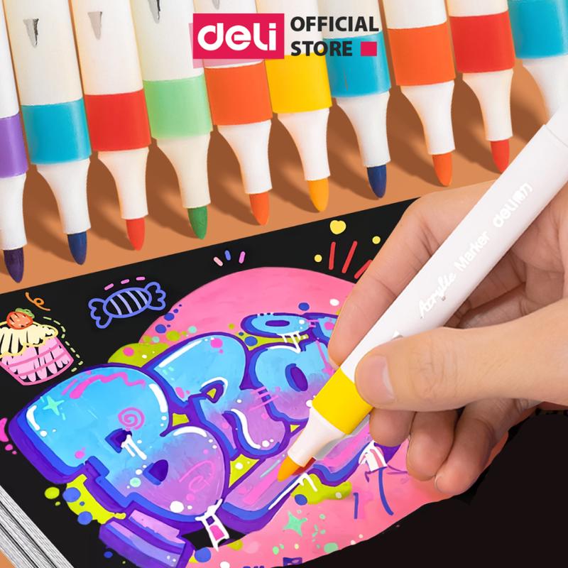 [1 cây] Bút sơn Acrylic Marker Deli - Bản tăng 80% mực, vẽ trên nhiều chất liệu, tô màu DIY trang trí viết chữ lên bó hoa mica gỗ sứ giày túi tote vải
