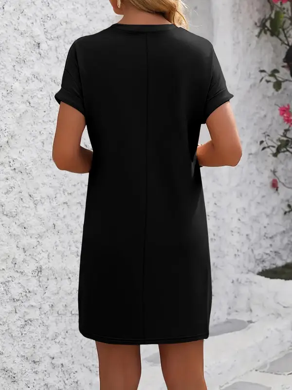 Women's Plain Curved Hem Raglan Sleeve Tee Dress, Casual Short Sleeve Round Neck Dress for Spring & Fall, Ladies Clothes for Daily Wear 7