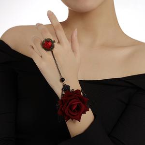 สร้อยข้อมือนิ้วดอกกุหลาบลูกไม้ ดีไซน์เฉพาะ สไตล์เข้ม วินเทจ กอธิค โลลิต้า เครื่องประดับมือดอกไม้