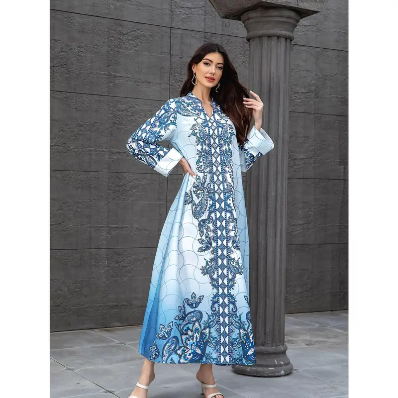 2025 Fashion Printed V-neck Loose Slim Dress Women's Beaded Rhinestone Robe New 7