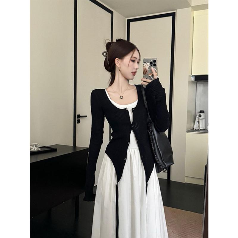 Set đầm maxi 2 dây phối áo khoác cardᶖgan lạ mắt  Set đồ nữ trắng đen tôn dáng che khuyết điểm mặc thu đông 7